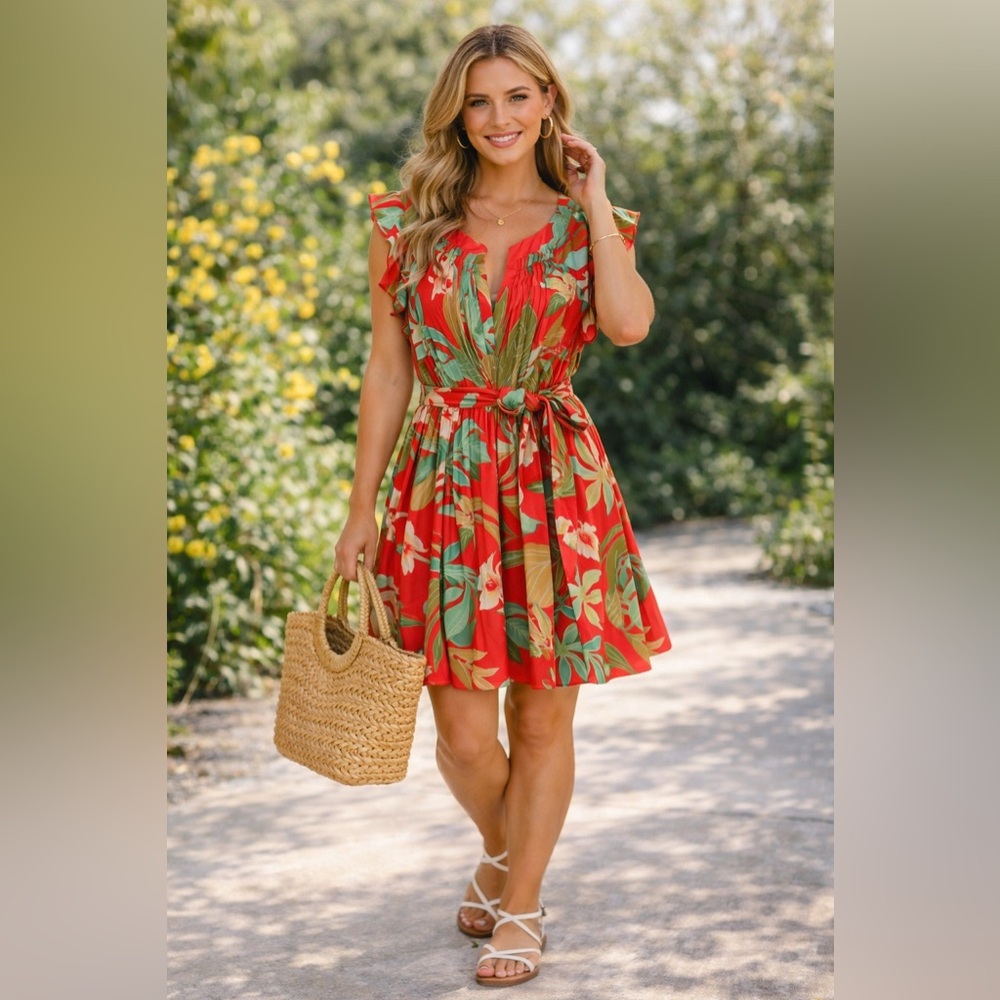 Jessica Simpson Delevan Dress | Poppy Red Tropical Print | Size M | NWT